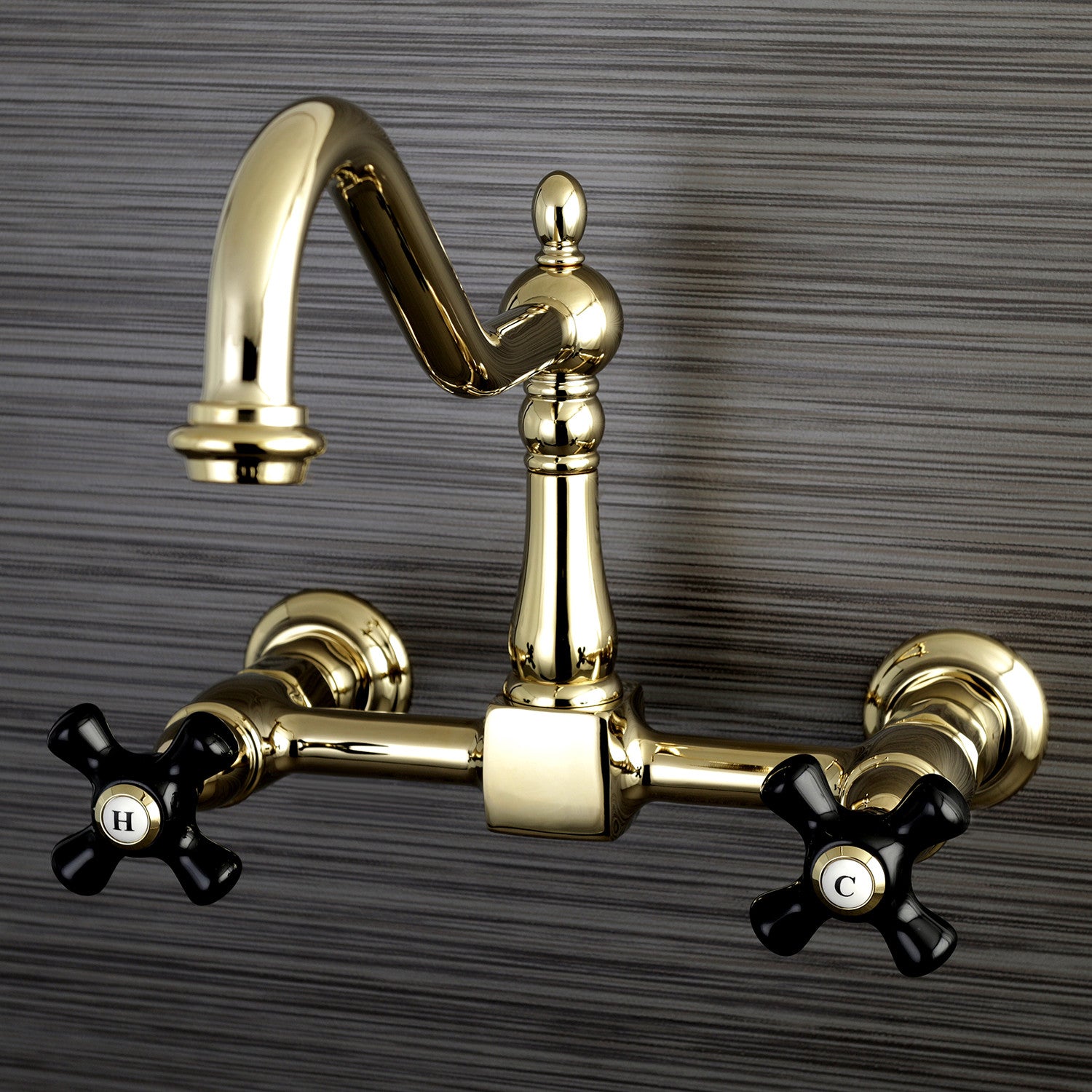 Kingston Heirloom KS1242PKX - Duchess Two-Handle 2-Hole Wall Mount Bridge Kitchen Faucet, Polished Brass — thumbnail 2
